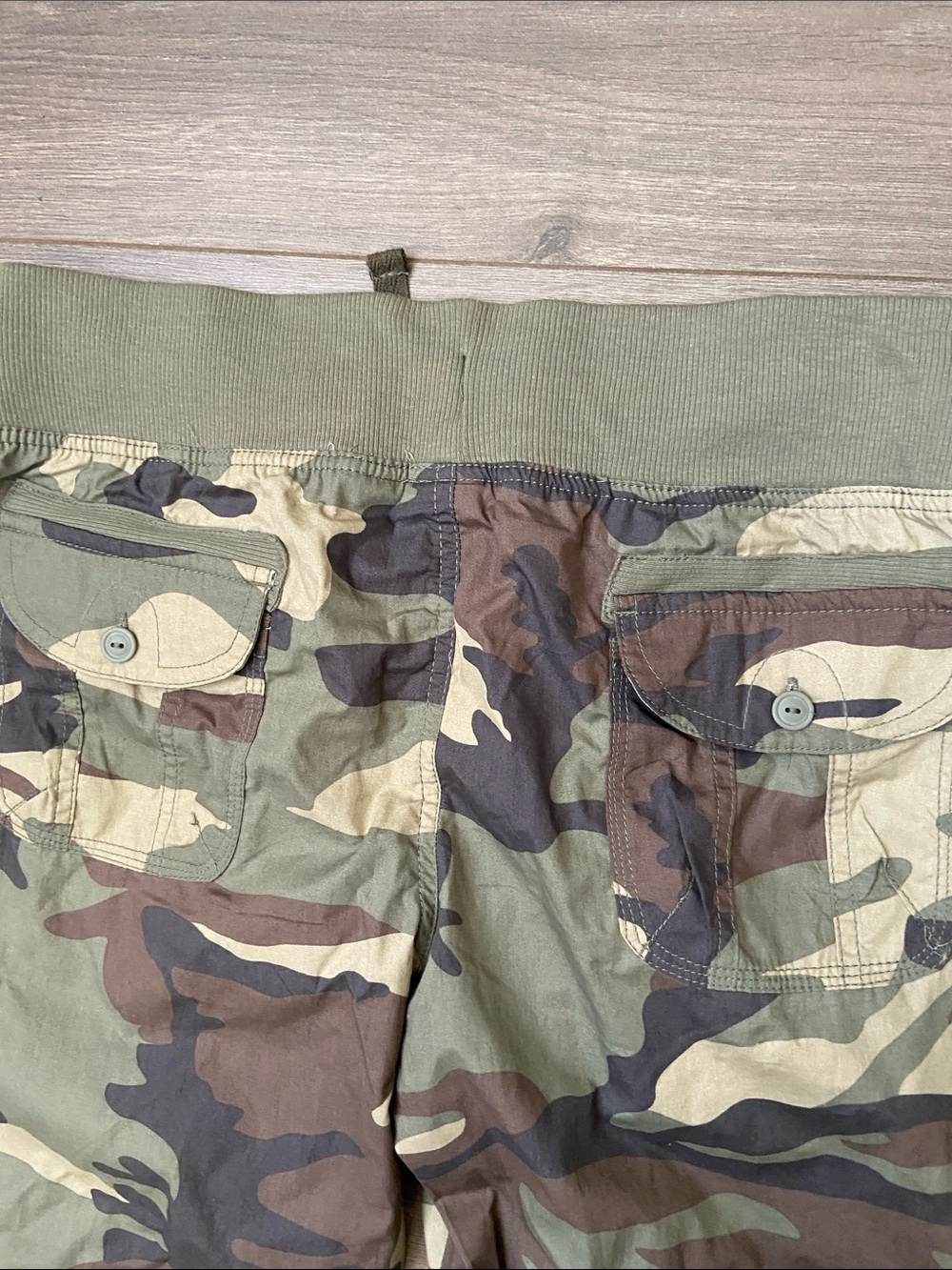 CAMO CARGO STRAIGHT PANTS WIDE ELASTIC BAND DRAWSTRINGS ADJUSTABLE ROLL-UP PANTS - Picture 5 of 13
